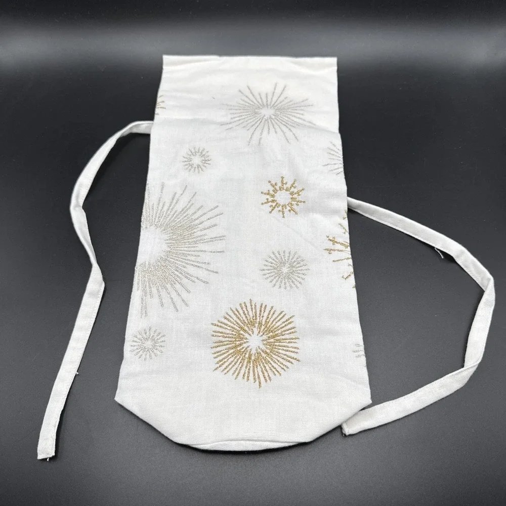Pottery Barn Linen Gift Bag Wine Bottle Starburst Sunburst Metallic‎ Embroidered